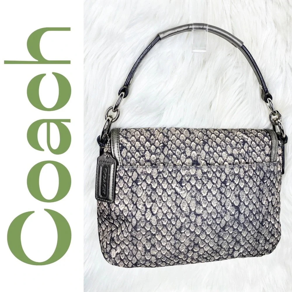 Coach Snakeskin Print Canvas Metallic Leather Shoulder Crossbody Satchel‎ Gray